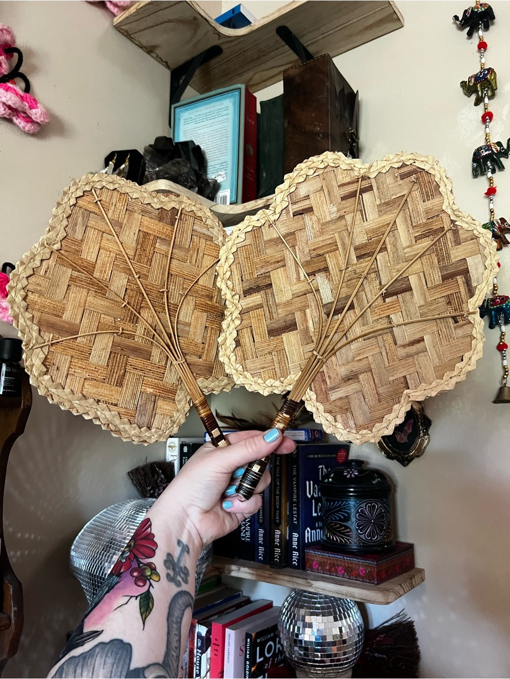 Vintage Woven Rattan Wall Fans in Natural Brown
